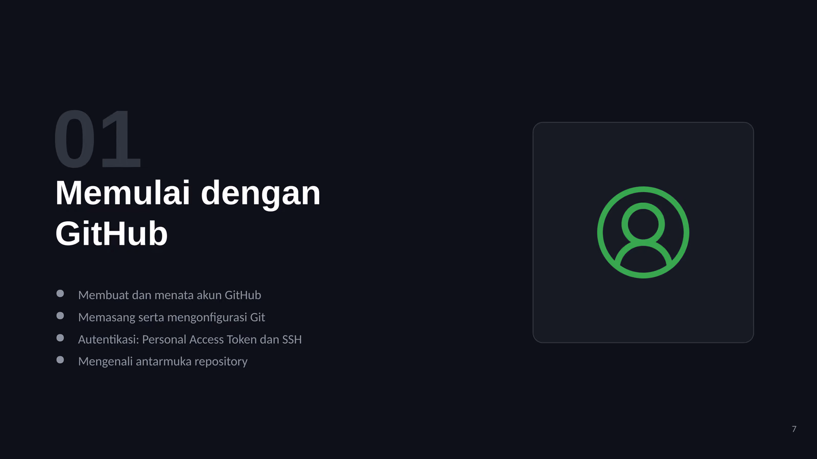 Akun, autentikasi (PAT, SSH, 2FA), dan antarmuka repository, slide 1 dari 5