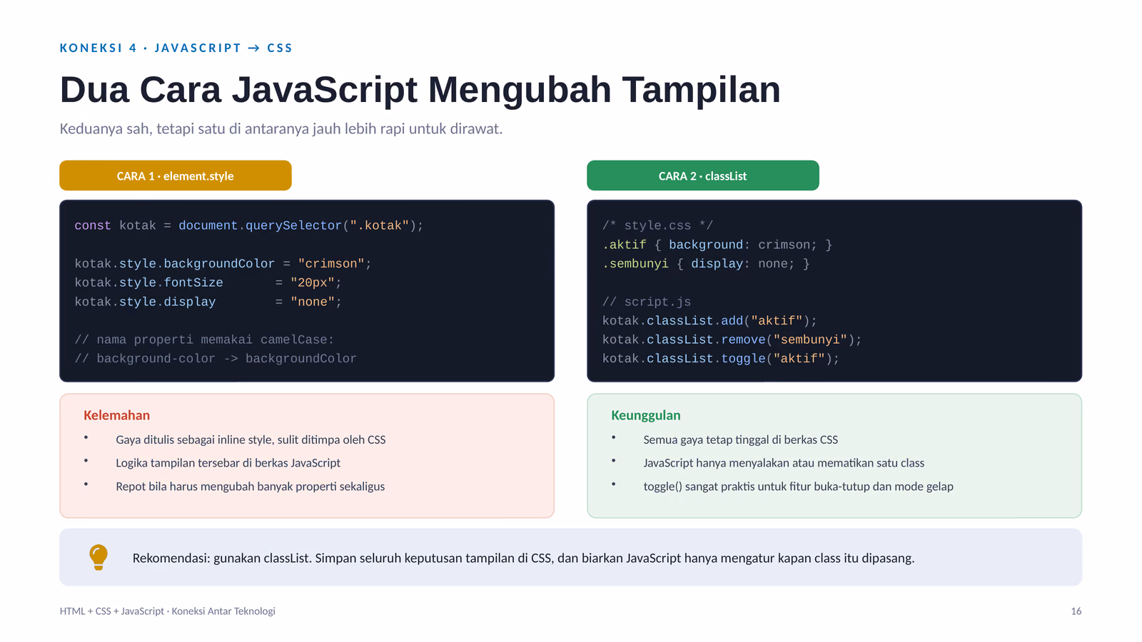 JavaScript ke CSS dan Event sebagai Perekat, slide 1 dari 2