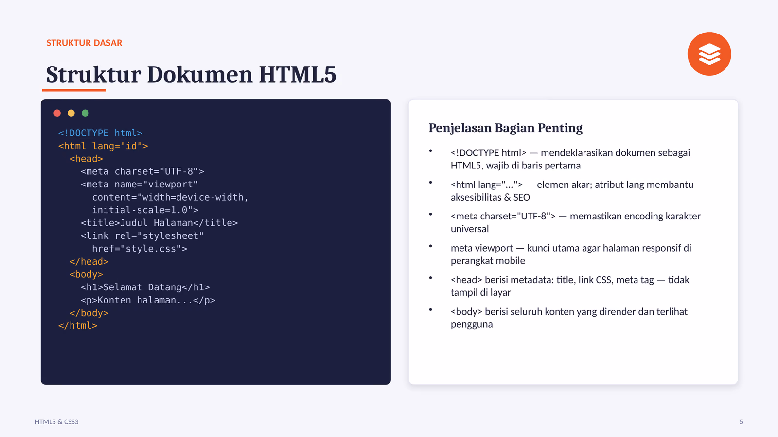 Kerangka dokumen HTML5 beserta penjelasan tiap bagian