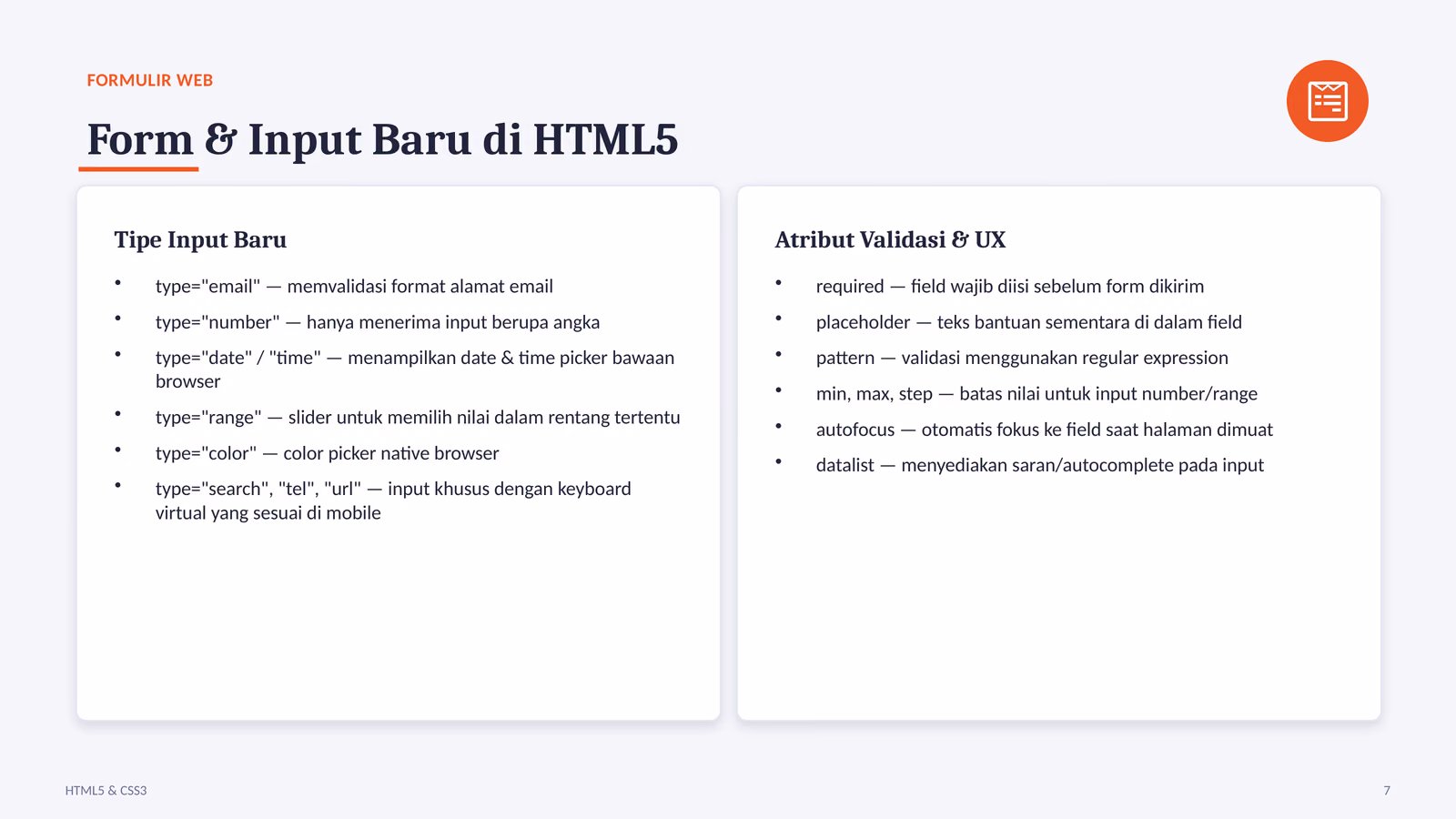 Tipe input baru dan atribut validasi di HTML5