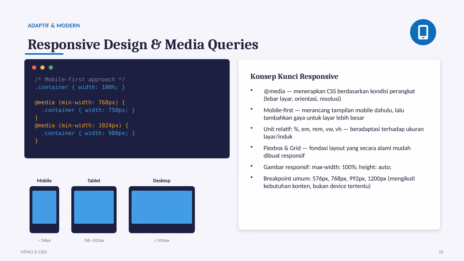 Responsive, Variabel CSS, dan Praktik Terbaik, slide 1 dari 8
