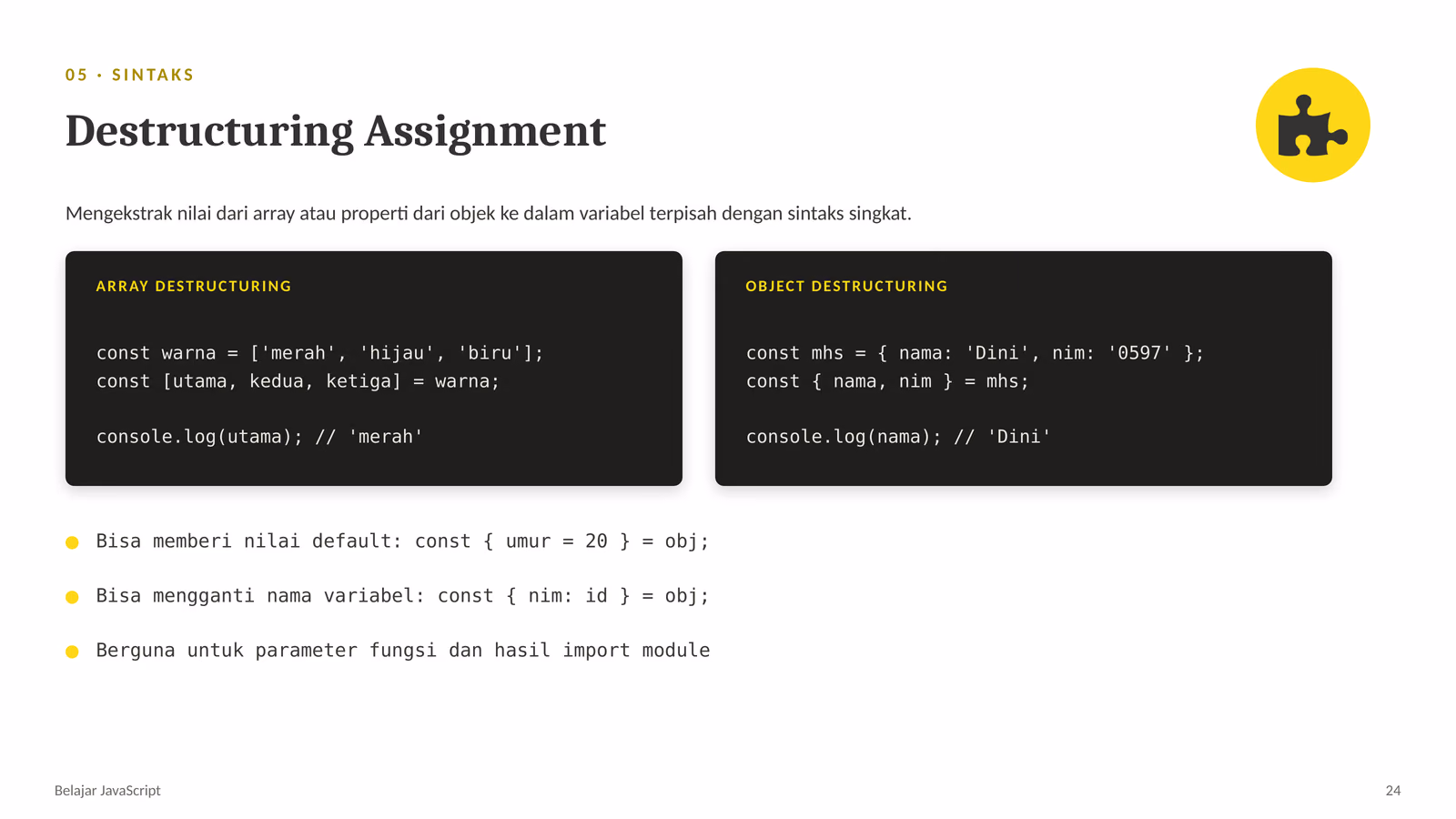 Destructuring, Spread, dan Enhanced Object Literals, slide 1 dari 5