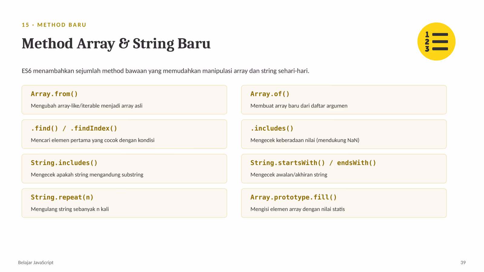 JavaScript Modern: ES2016 sampai ES2023, slide 1 dari 19