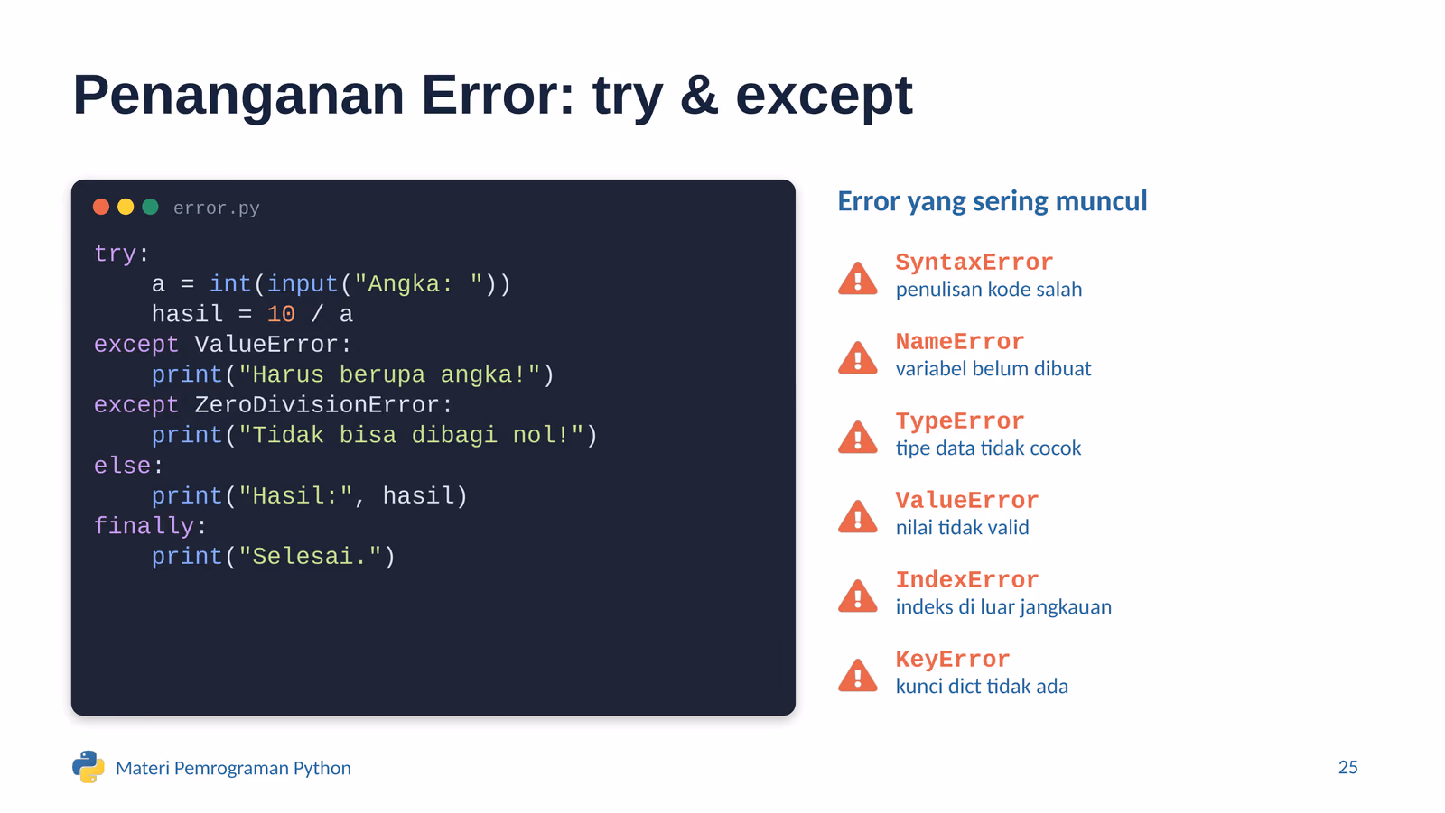 Kode try except dan daftar error yang sering muncul