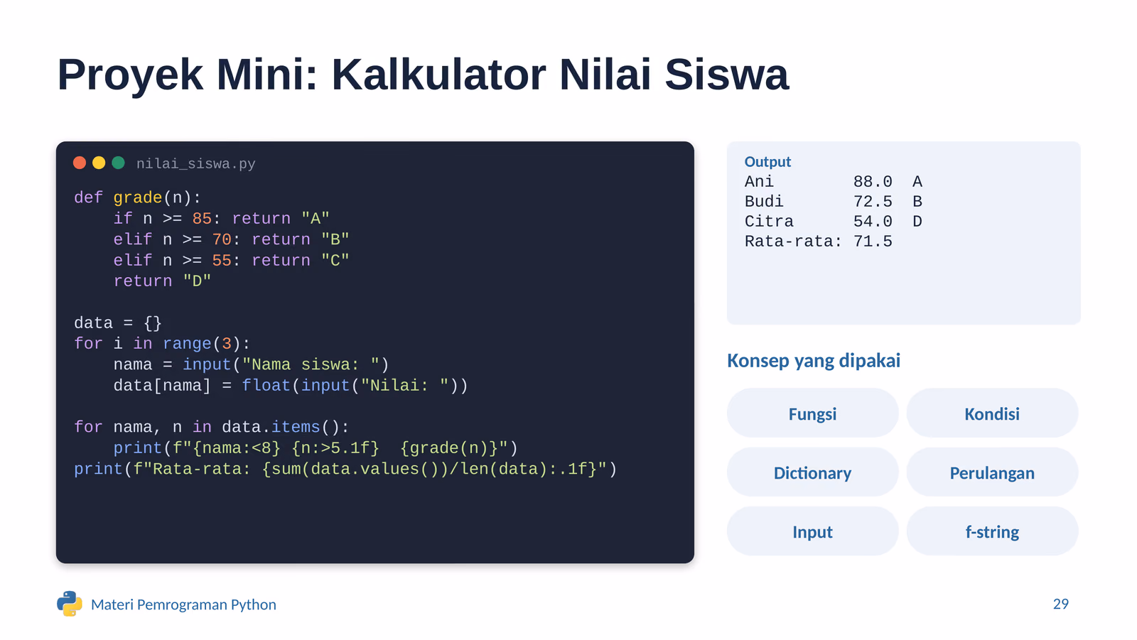 Kode dan output proyek kalkulator nilai siswa