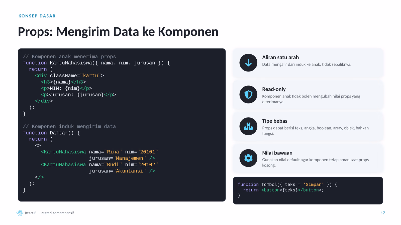 Props, merender list dengan key, dan rendering bersyarat, slide 1 dari 3