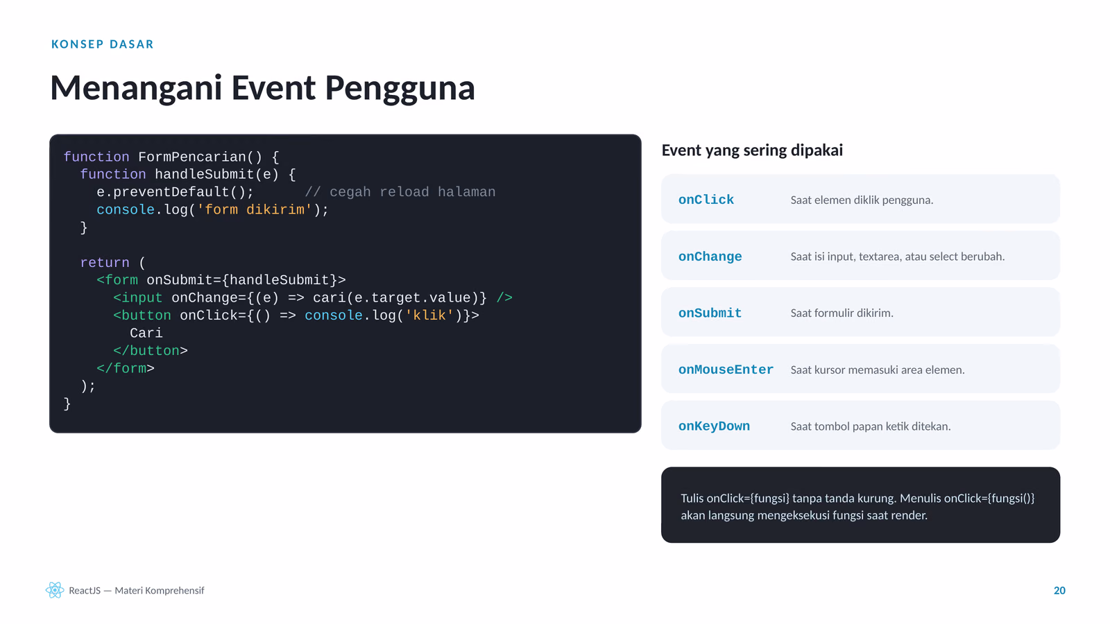 Event dan useState: membuat komponen bereaksi, slide 1 dari 3