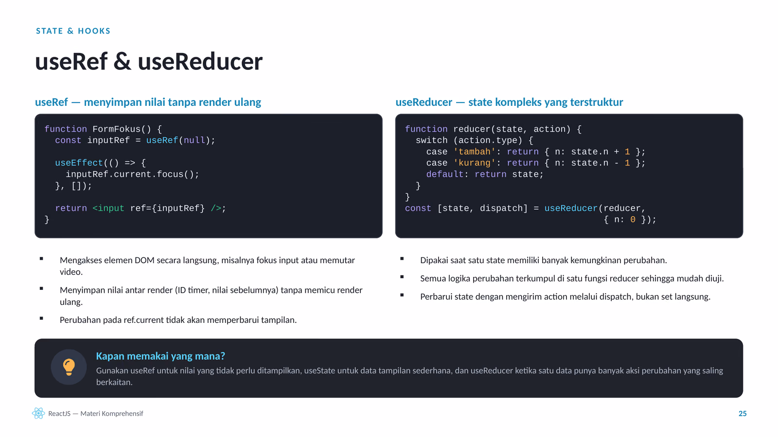 useRef, useReducer, memoisasi, dan custom hooks, slide 1 dari 4